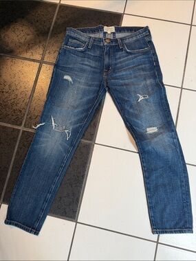 Current/Elliott Distressed Dark Blue Slim Straight Jeans